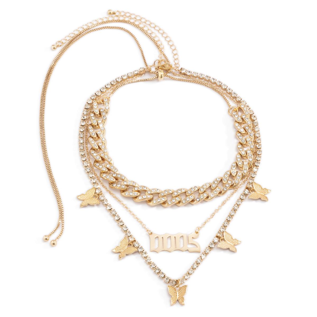 Exaggerated and Elegant Diamond-encrusted Cuban Combination Necklace Chains for Women Stylish Letter Small Butterfly Set Luxury