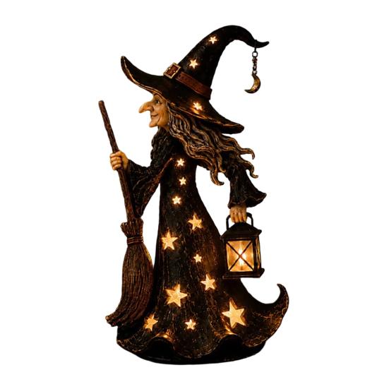 Collectible Halloween Figurine Witch with Star Light, Resin Tabletop Nightlight Lantern, Decorative Hollow Light Wizard Hat Broom Statue for