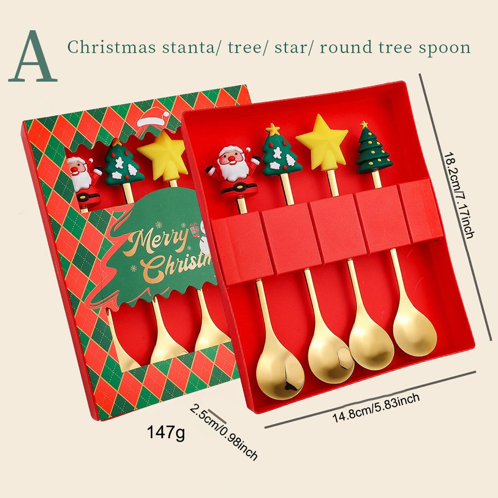 4pcs Christmas Party Dinnerware Set with Gift Box Christmas Tree Dessert Fork Spoon Cutlery Set Gold Stainless Steel Tableware