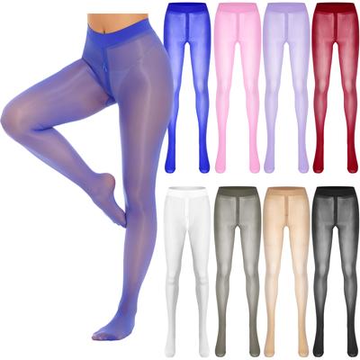 Womens Solid Color Skinny Leggings Glossy Sheer Tights Pantyhose Stretchy Zipper Crotch Tights Pants Stockings See-through