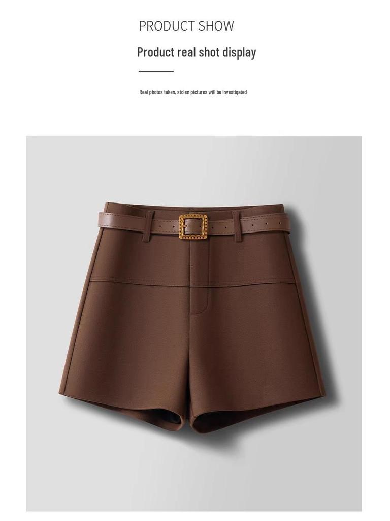 Khaki Woolen A-Line Booty Shorts: Women's Casual Wide-Leg Pants for Autumn/Winter 2024 Fashion