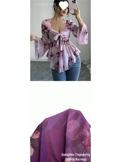 European Floral Gradient Tie-Up Square Neck Long Sleeve Shirt