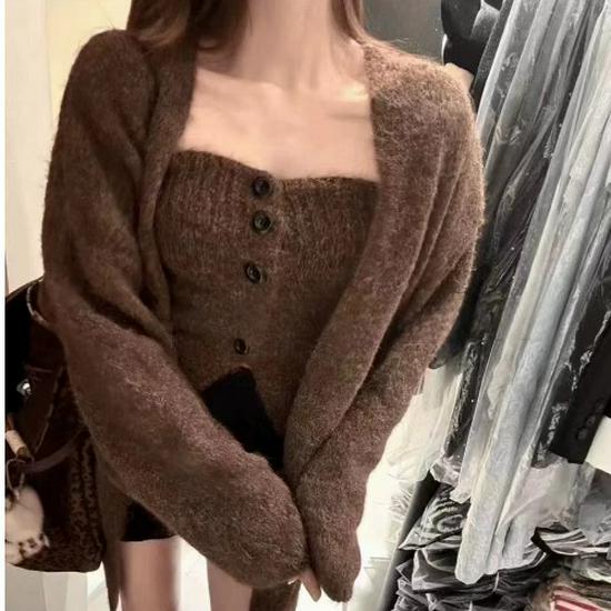 

Корейський стиль Набір з двох предметів з альпаки: Об ємний в язаний бандо + Вільний светр-кардиган One Size [80-120] кавовий