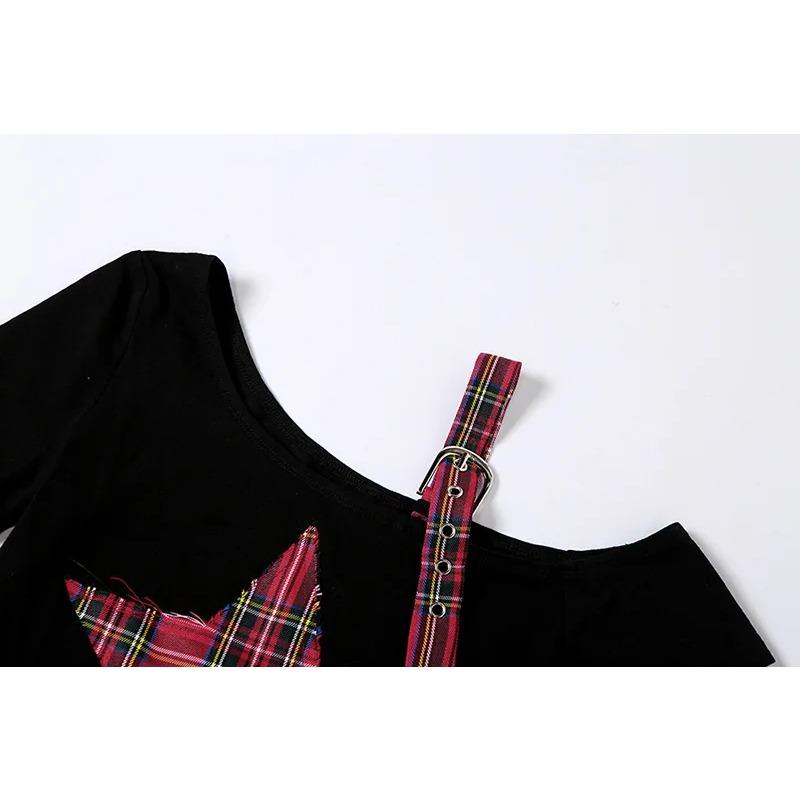 Summer Star Patchwork Crop Tops Plaid T Shirt Women Fashion Off Single Shoulder Y2k Tee OverSleeve Fairy Grunge Shirts