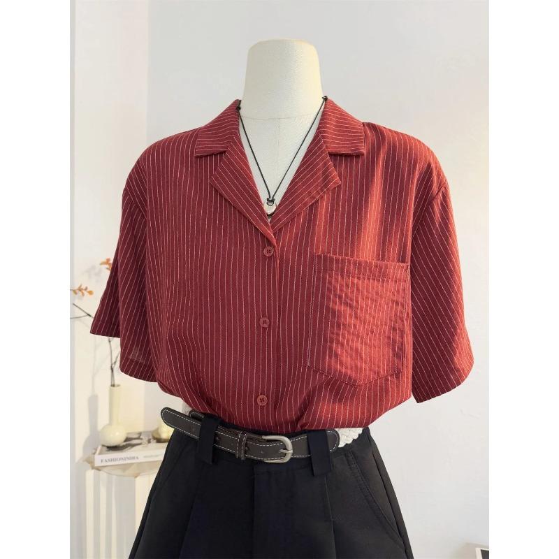 Women s Striped Cuban Collar Short Sleeve Shirt S красный