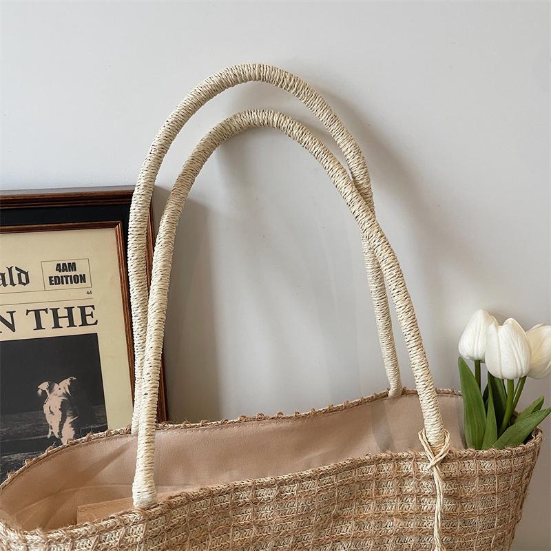 Woven Straw Tote Bag with Beaded Tassel and Open Top Design for Summer Beach or Casual Daily Use