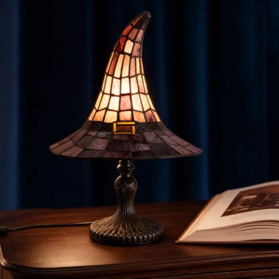 Stained Glass Witch Hat Lamp, USB Powered Resin Night Light, Gothic Halloween Table Lamp for Bedroom Bookshelf Mantel Party Decor