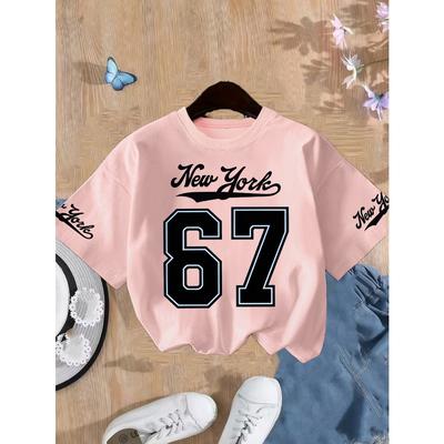 Girls' Number 67 New York Print Summer Short-Sleeve  T-Shirt Pink Elastic Round Neck Children's Top Fashion Design