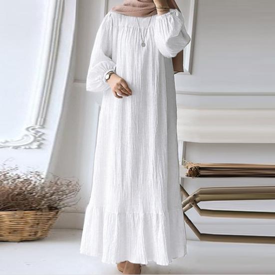 Women Dress Round Neck Puff Long Sleeve Loose Fit Maxi Dress with Layered Ruffle Hem Puff Sleeves Holiday Wear