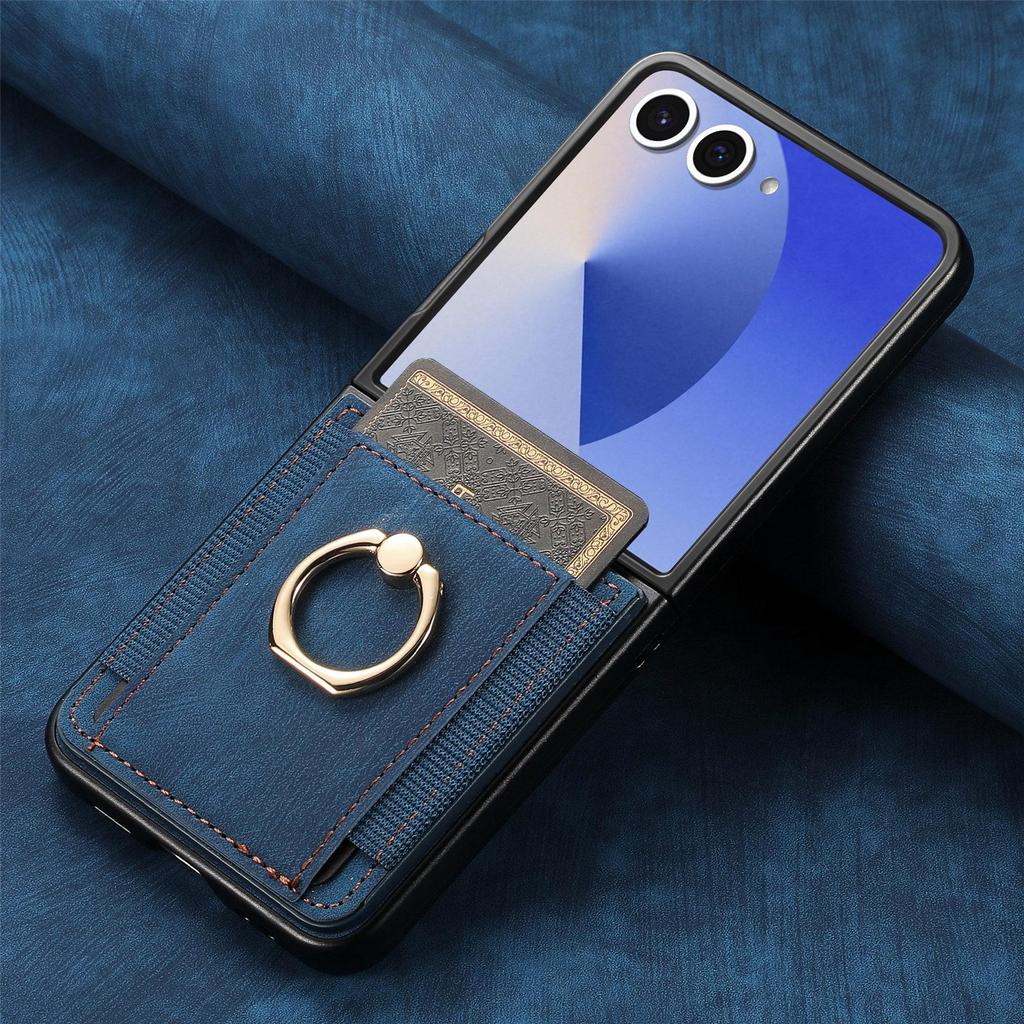Samsung Z Flip 7 FE Leather Ring Wallet Case with Card Holder and Stand
