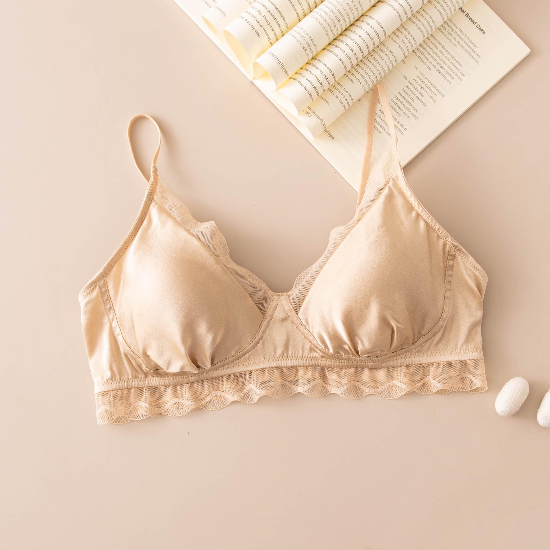 French lace satin thin small chest gathered comfortably gathered steel ring fixed thin mulberry silk bra M
