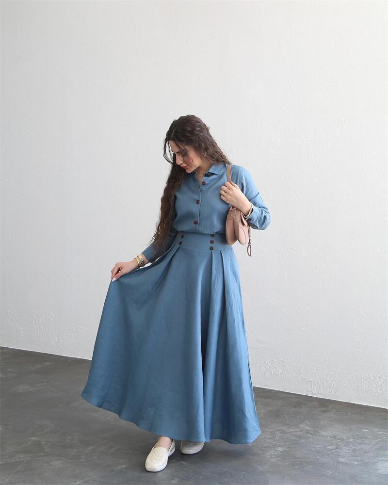 Damenmode Herbst 2024: Einfarbiges Langarmshirt & Midirock Set