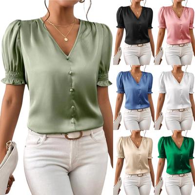 Women's ,Color Casual Satin V,Neck Button,Up French Ruffled Short,Sleeve Top