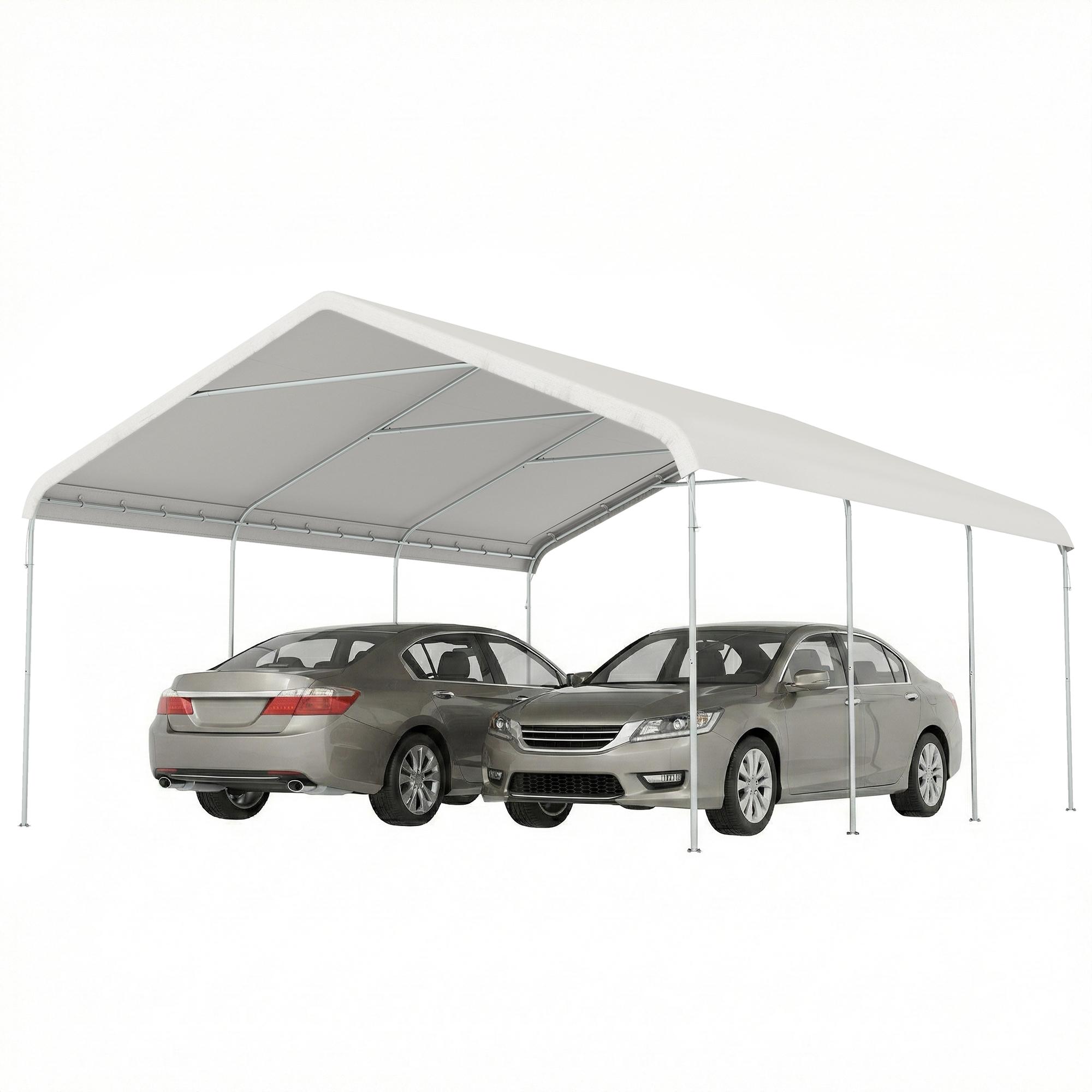 Garage Carport Portable 5x6 M Avec Structure en Acier Galvanisé Imperméable Anti-UV Cabane à Outils Crème