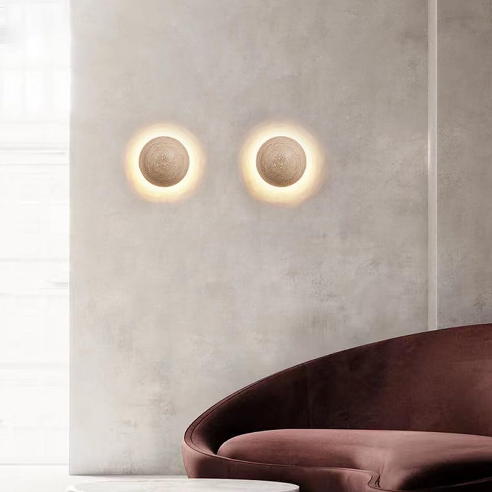 15W LED Natural Stone Wall Sconce 5.9" Nordic Modern Round Marble Wall Mounted Light Fixture Hardwired Indoor Vintage Farmhouse Bedroom Wall Lamp for