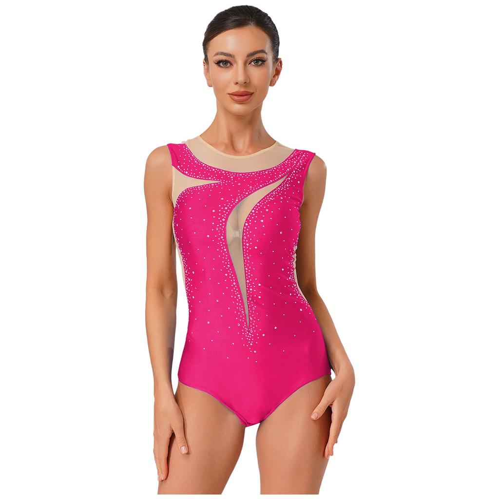 Body de Dança Feminino Peça Única S-XXL: Collant Patchwork de Renda com Strass, Sem Mangas e Costas Vazadas para Performance de Palco