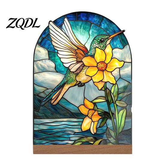 Artistic Tabletop Accents Stained Glass Style Acrylic Table Centerpieces, Floral & Landscape Pattern Exquisite Room Decor Sign with Wood Base for Home