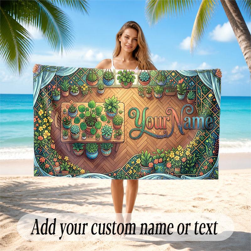 Floral Garden Theme Soft Beach Towel Personalized Custom Name Text Towel Portable for Beach Pool Travel