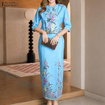 Women Half Sleeve Blouse and Midi Skirts Floral Print Two Piece Suit Sets