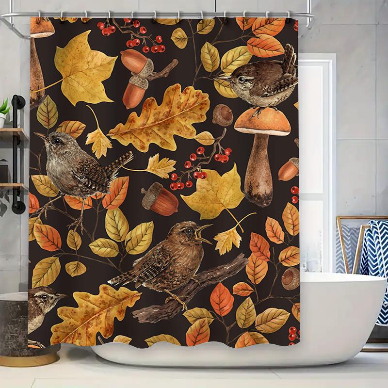 

Autumn Leaves Birds Mushroom Shower Curtain Waterproof Printed Bathroom Decor For Home Decoration W60H190(CM)-1 Pcs