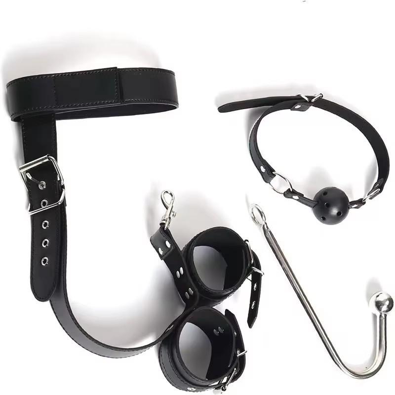 SM Adult Toys: Reverse Hand Gag with Upper & Lower Cuff Straps and Hooks, Metal Anal Plug, Leather Binding.