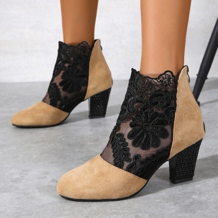 Lace mesh high heel cool boots large size European and American round head thick heel Roman sandals