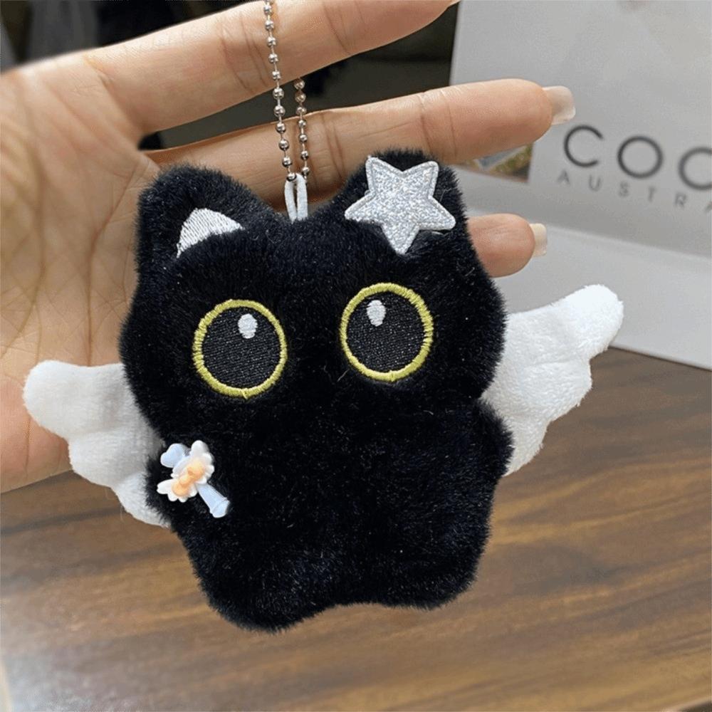 Wings Black Cat Plush Doll Keychain Star Car Key Ring New Doll Bag Pendant  School Bag Decoration