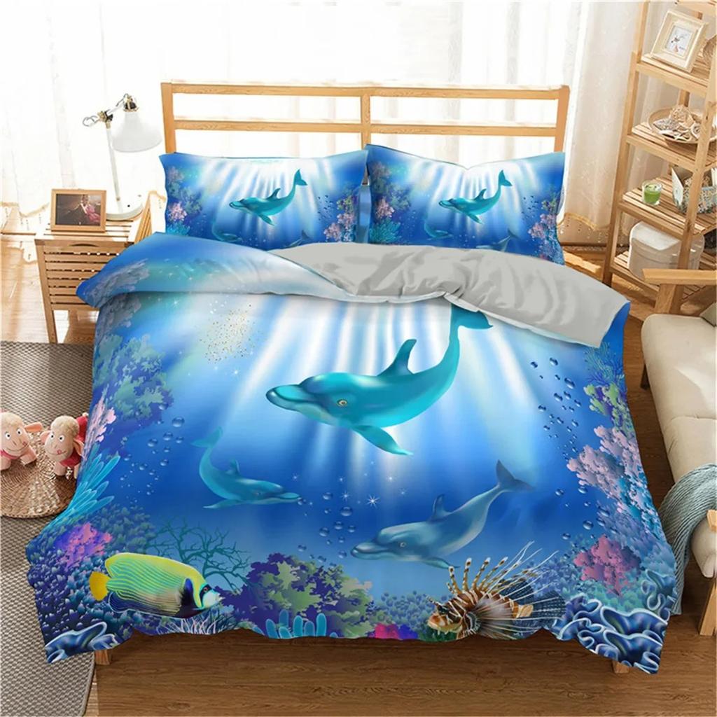 Cartoon Octopus Bedding Set KingQueen Size,Ocean Underwater World Duvet Cover Kids Sea Coral Fish Polyester Quilt Cover