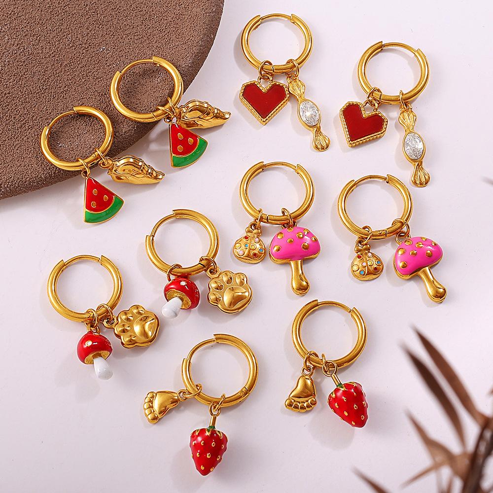 Simple sweet wind cute DIY pepper strawberry pendant earrings stainless steel gold-plated daily jewelry women