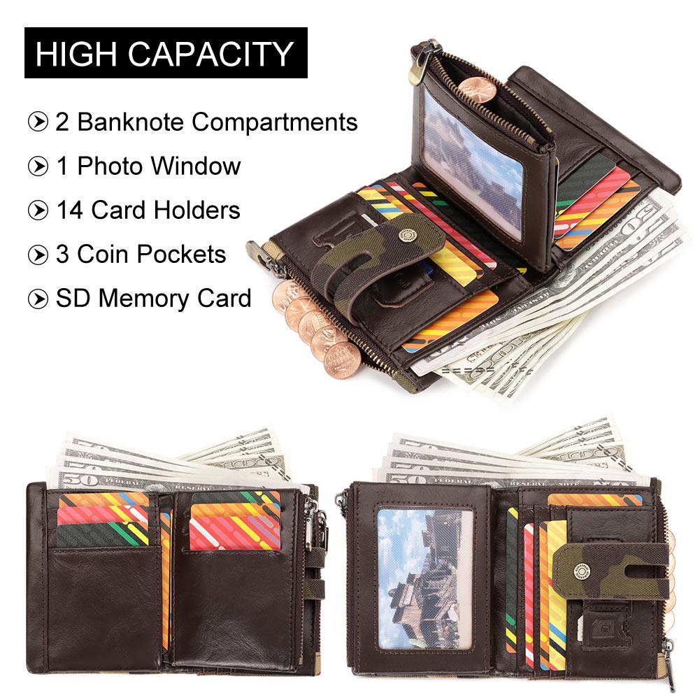 HUMERPAUL Men cowhide wallet Oxford cloth RFID anti-theft credit card bag coin purse with chain wallet with photo window