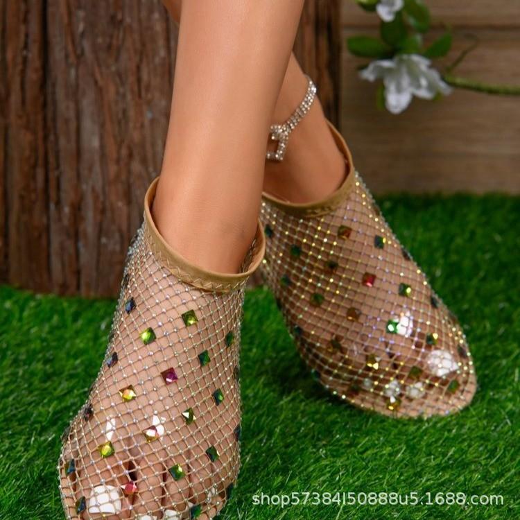 

Літо 2025 нові босоніжки з круглим носком, порожнисті, інтернет-зірка, діамантові короткі чоботи, літні, сексуальні, великого розміру, на плоскій підошві 42 золотий