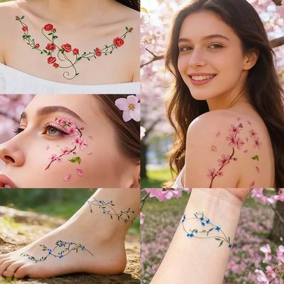 Summer Spring Flowers Temporary Tattoo Sticker Waterproof Cherry Blossoms Roses Tattoo Sticker For Women Fake Tattoo Sticker