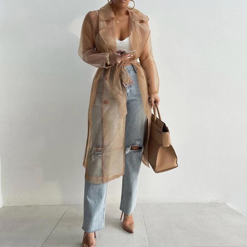 Elegant Fashion See Through Cardigan Long Shirt with Belt Notched Collar Women Blouse Thin Long Sleeve Summer Loose Clothes 26544