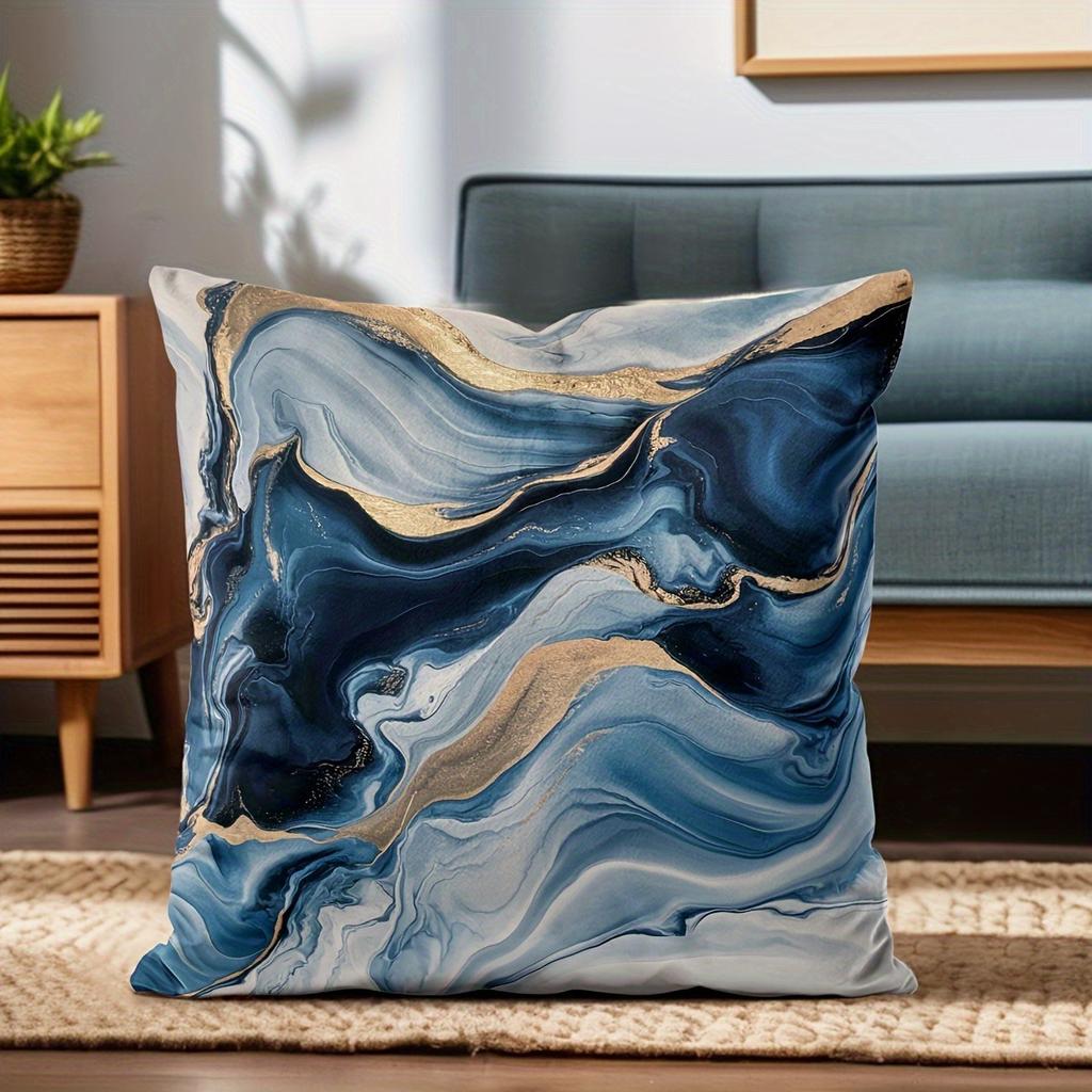 4pcs Blue Marble Pillow Covers 45x45cm Abstract Fluid Art with Gold Veins On White Base for Sofa Bed Decor Cotton Blend