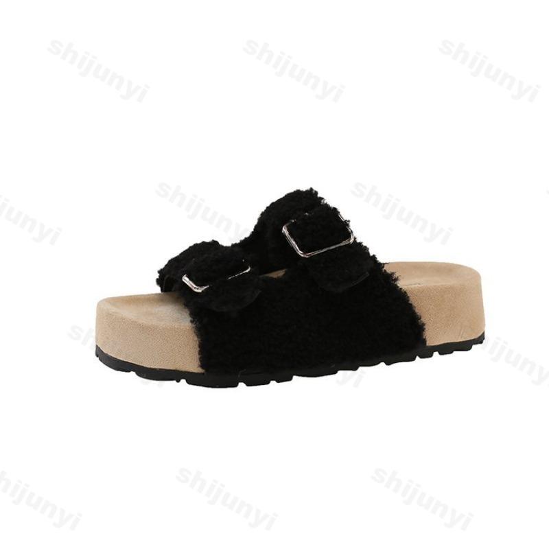 Fashion Fashion Casual Open Toes Casual Plush Slippers for Women 2025 Autumn New Thick Soled Comfortable Buckles Designed Chunky Sandals