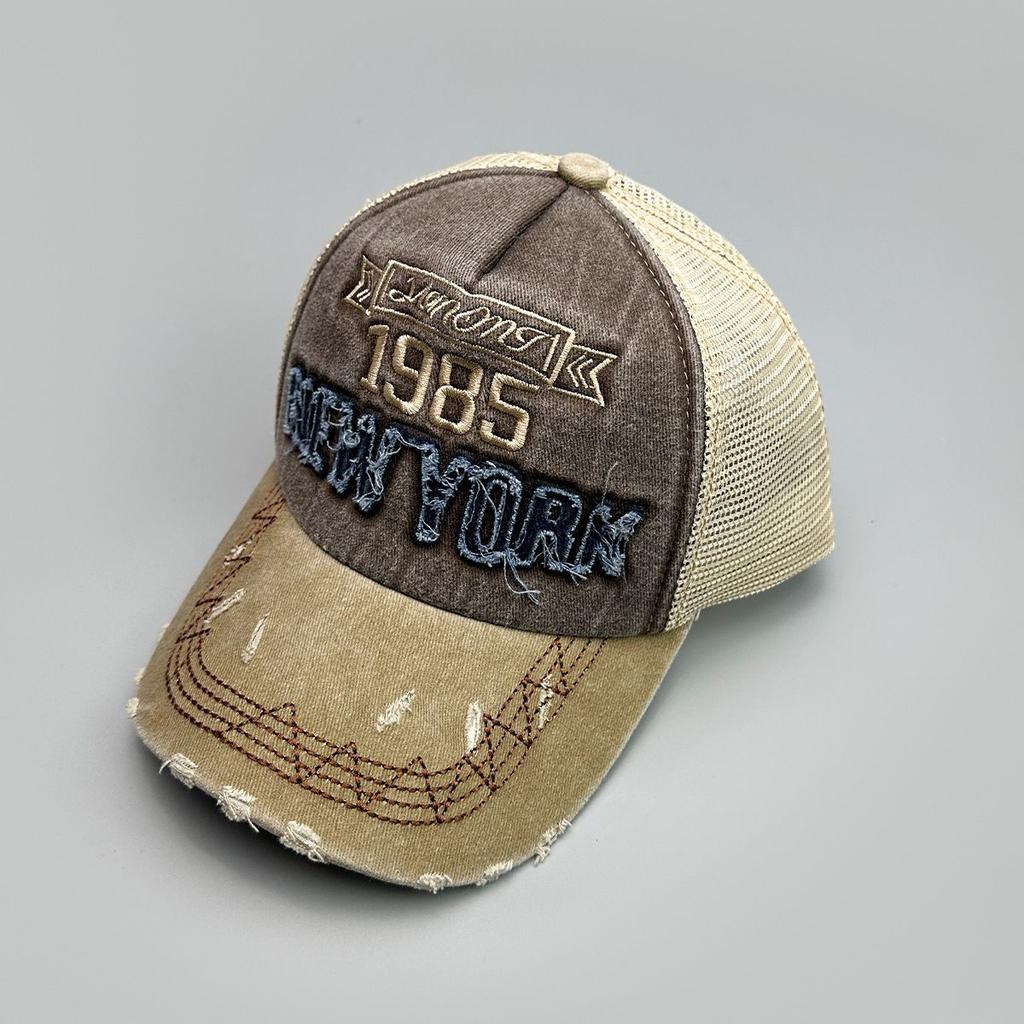 Street Hole Wind Embroidery Letter Baseball Cap Men's and Women's Sunshade Mesh Eye Color Matching Personalized Hat Vintage Washed Mesh Baseball Cap