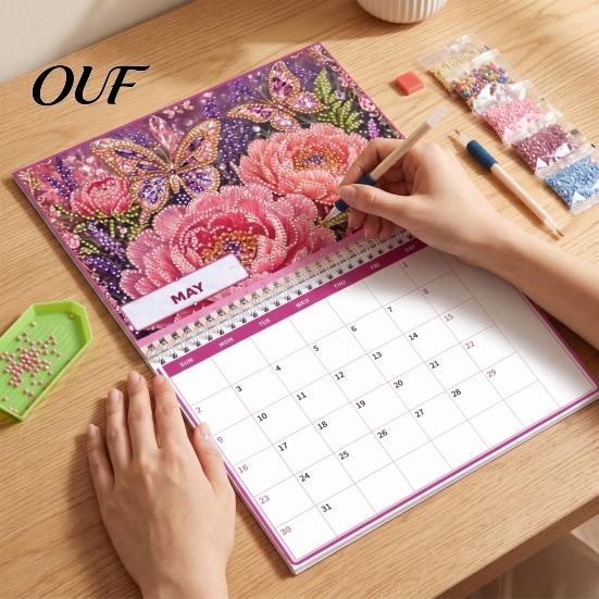 Stationery for New Year 2027 DIY Faux Diamond Art Hanging Calendar, Rhinestone Painting Illustration Seasonal Numbered Projects Theme Spiral