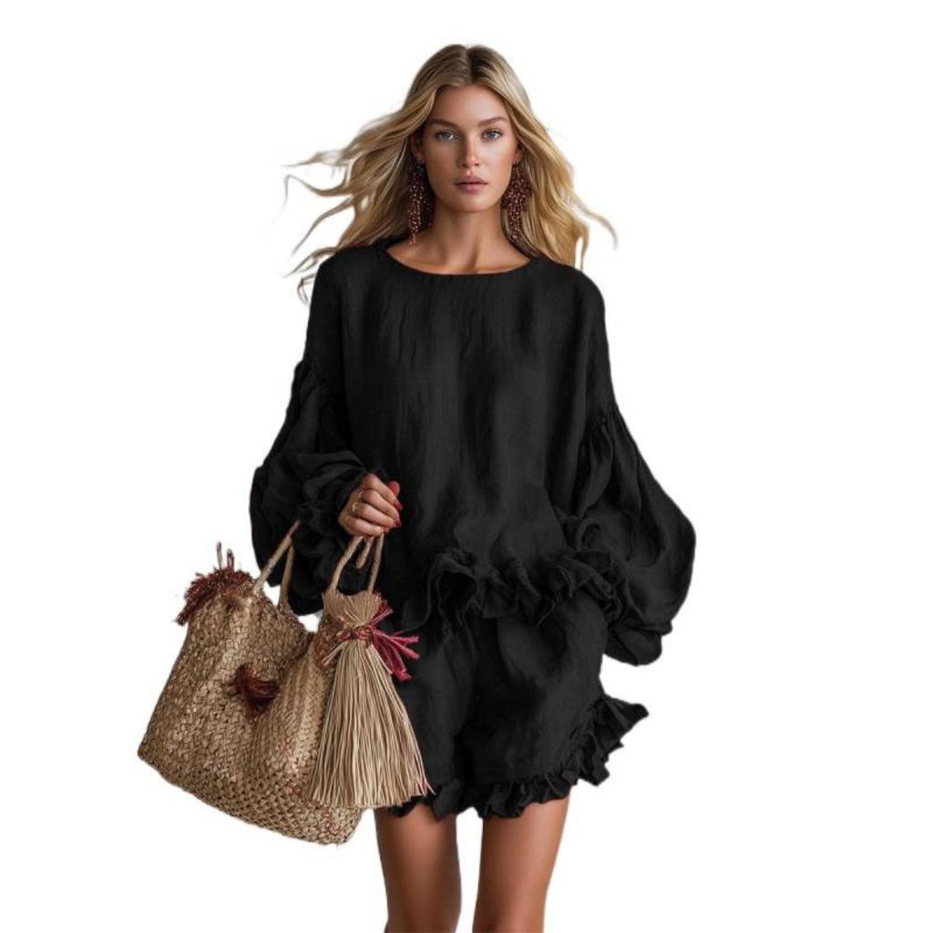 Women's 2pcs Casual Outfit, Lantern Sleeve Loose Top + Ruffle Hem Shorts, Spring Summer Fashion Outfits for Women Europe America Style