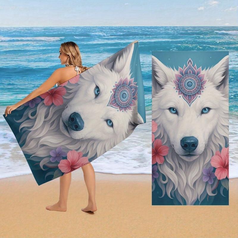 

Boho Wolf Head Beach Blanket, Spiritual Mandala Design, Floral Pattern, Large Microfiber Towel, Perfect for Summer Travel & Yoga W40*H60(CM)