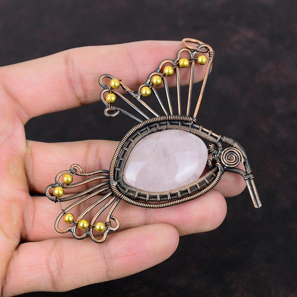 Rose Quartz Pendant Copper Wire Wrapped Pendant Gemstone Bird Pendant Rose Quartz Jewelry Women Pendant Gift For Him Handmade Copper Jewelry