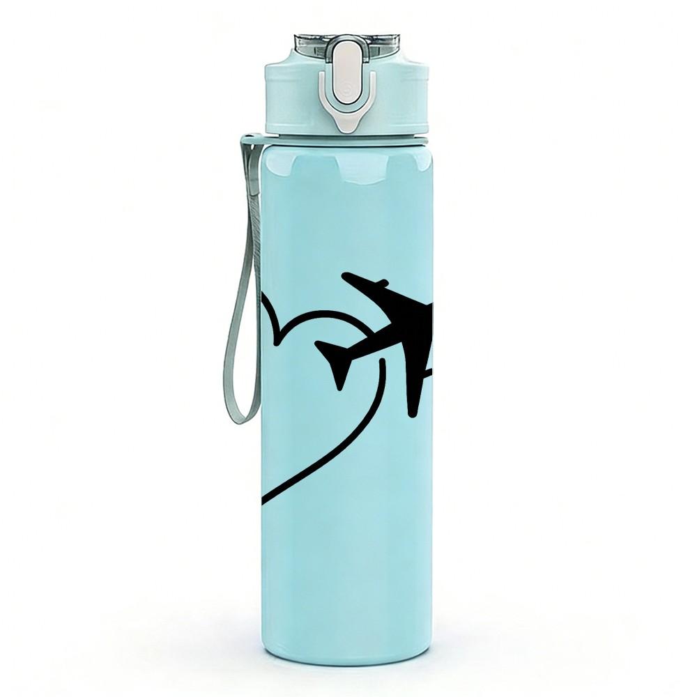 1PC Heart Airplane Minimal Line Art 750ml Color Plastic Sports Water Bottle Leakproof Flip Straw Lid Suitable for Sports Office Home Use
