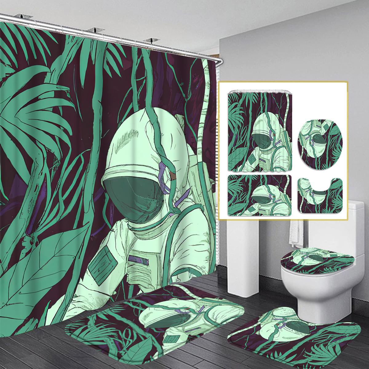 

4pcs Astronaut Bathroom Set, Shower Curtain, Absorbent Bathroom Floor Carpet, U-Shaped Contour Rug & Toilet Lid Mat, for Bat 90x180cm