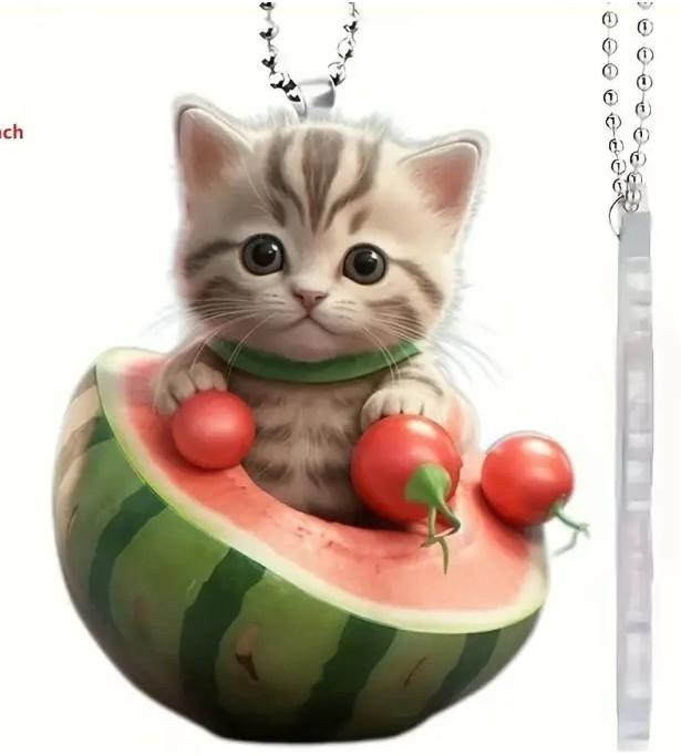 

Watermelon Cat Adorable Acrylic Car Ornament Fun Cartoon Design For Decoration Vehicle