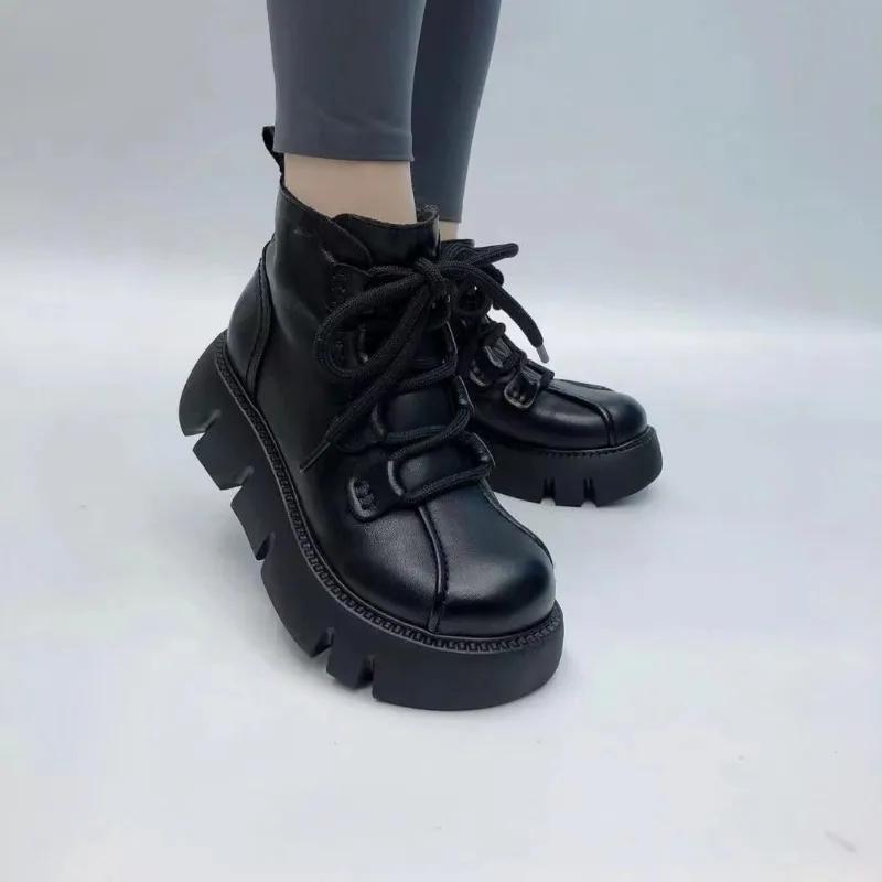 Women Retro Leather Boots Lace-up Casual Platform High Heels Side Zip Round Head Comfortable Non-slip Plush Shoes