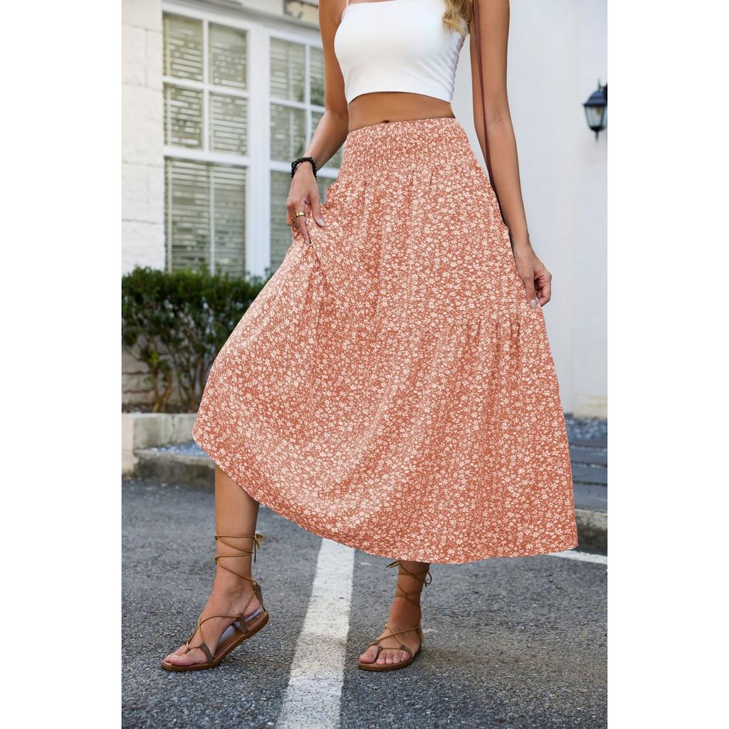 European and American Fresh Floral Long Skirt Slim Fit and Slimming Pleated High Waisted Skirt