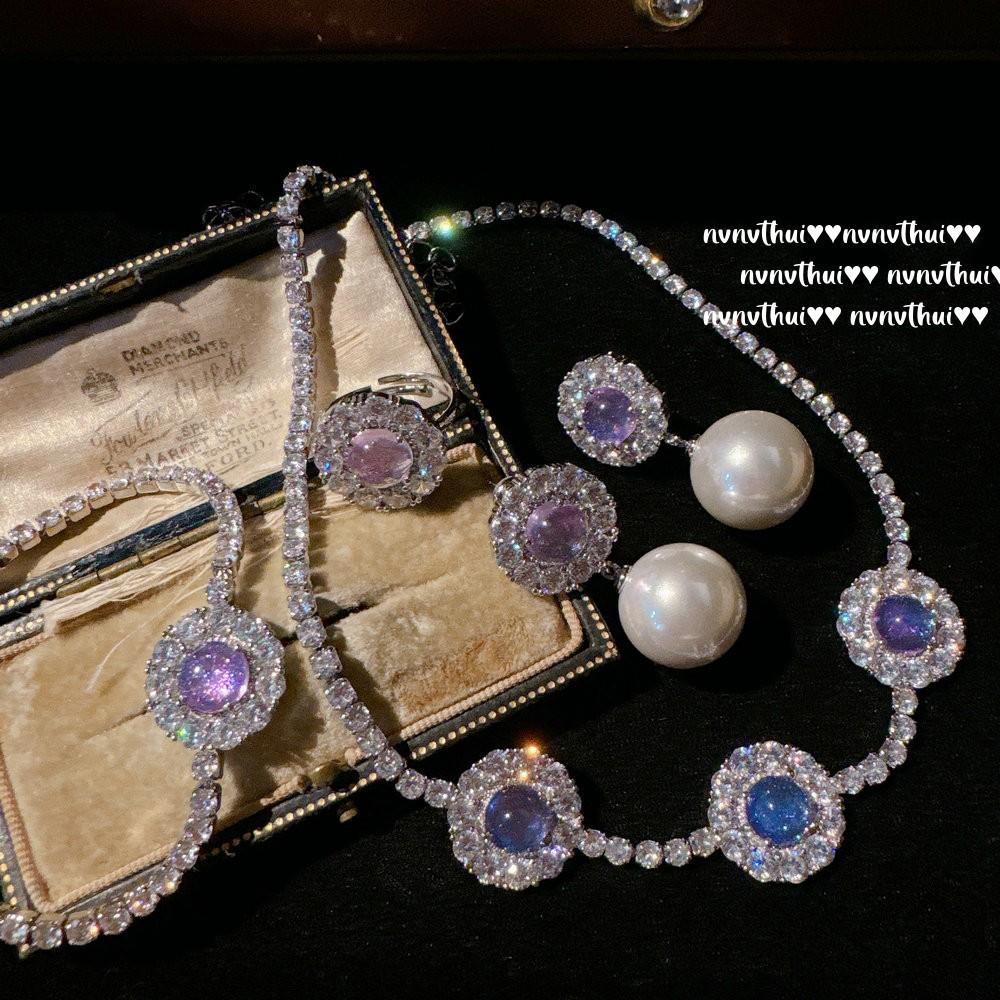Illusion Bubble Iris Purple Flower Jewel Necklace, Tahiti, Star Purple Flower Zircon Pearl Earring Set