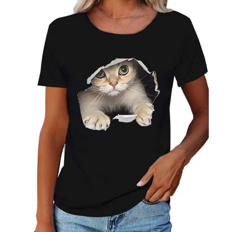 2024 Spring/Summer Women's Crew Neck Ripped Cat Graphic Loose Short Sleeve T-shirt.