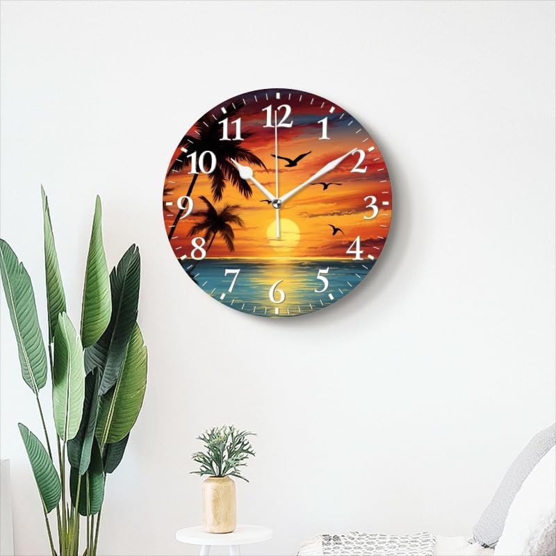 Sunset Wall Clock Non-Ticking Silent Clocks Battery Operated Analog Decor Clock for Home-Beautiful Sunset Over The Ocean with Palm Trees and Birds