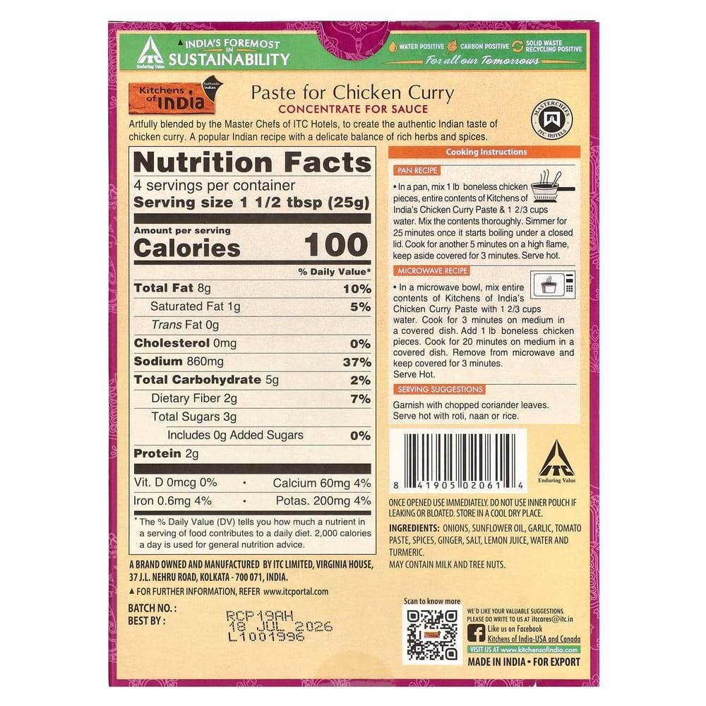 Kitchens of India Chicken Curry Paste Concentrated Sauce, Medium, 100g (3.5oz)