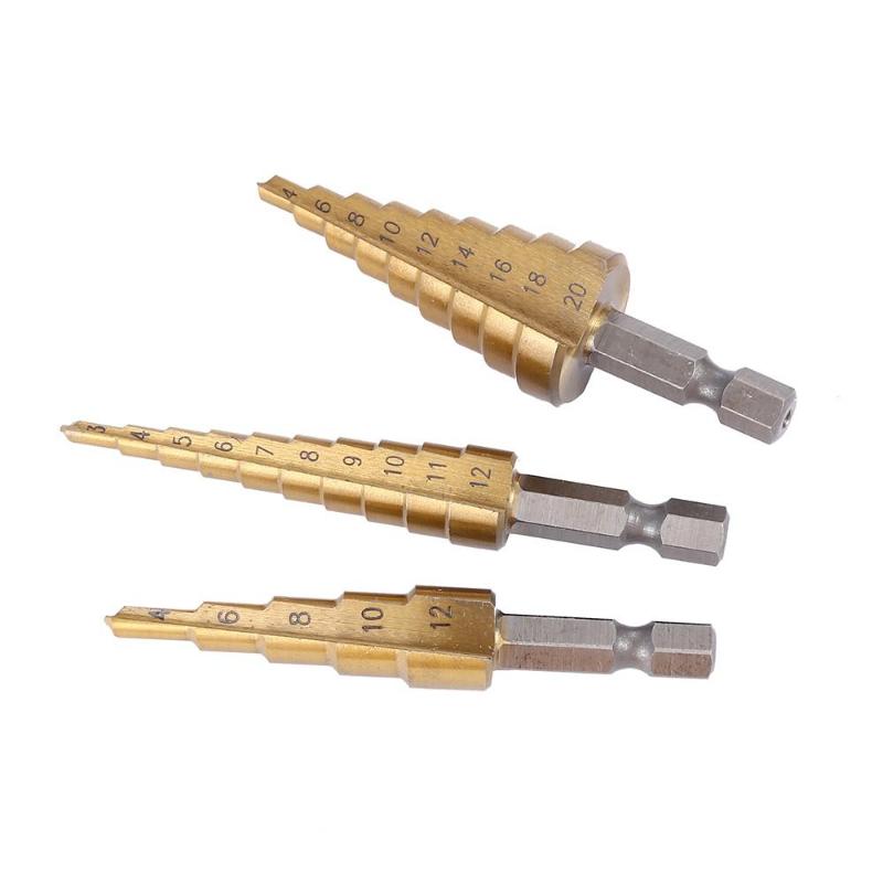 3-teiliger HSS-Stufenbohrer mit Titanbeschichtung, 4-12, 4-20, 4-32, Bohrmaschinen, Elektrowerkzeuge, Metall, Schnellarbeitsstahl, Holz, Lochschneider, Kegelbohrer
